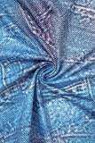 Blue Street Print Patchwork Buckle Turndown Collar Long Sleeve Two Pieces