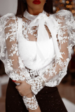 White Elegant Solid Lace Embroidered With Bow Half A Turtleneck Tops