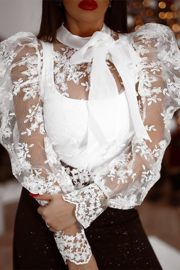 White Elegant Solid Lace Embroidered With Bow Half A Turtleneck Tops