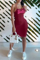 Burgundy Sexy Casual Print Letter Spaghetti Strap One Step Skirt Dresses