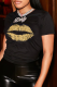 Black Vintage Lips Printed Patchwork O Neck T-Shirts