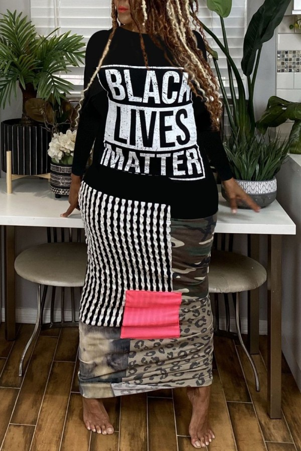 Black White Casual Print Patchwork O Neck Long Sleeve Dresses