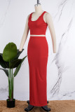 Red Casual Letter Solid Patchwork Backless U Neck Sleeveless Two Pieces