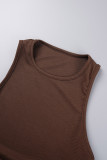 Coffee Casual Solid Basic O Neck Sleeveless Two Pieces