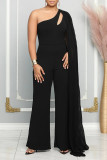 White Casual Daily Elegant Cut Out Asymmetrical Solid Color One Shoulder Regular Jumpsuits