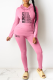 Pink Casual Letter Patchwork Draw String Pocket Hooded Collar Long Sleeve Two Pieces