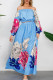 Blue Vintage Elegant Print Floral Patchwork Backless Off the Shoulder Long Sleeve Two Pieces