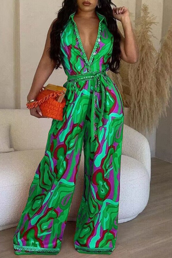 Green Casual Print Patchwork V Neck Regular Jumpsuits