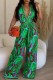 Green Casual Print Patchwork V Neck Regular Jumpsuits