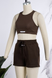 Coffee Casual Solid Basic O Neck Sleeveless Two Pieces