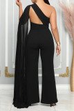 White Casual Daily Elegant Cut Out Asymmetrical Solid Color One Shoulder Regular Jumpsuits
