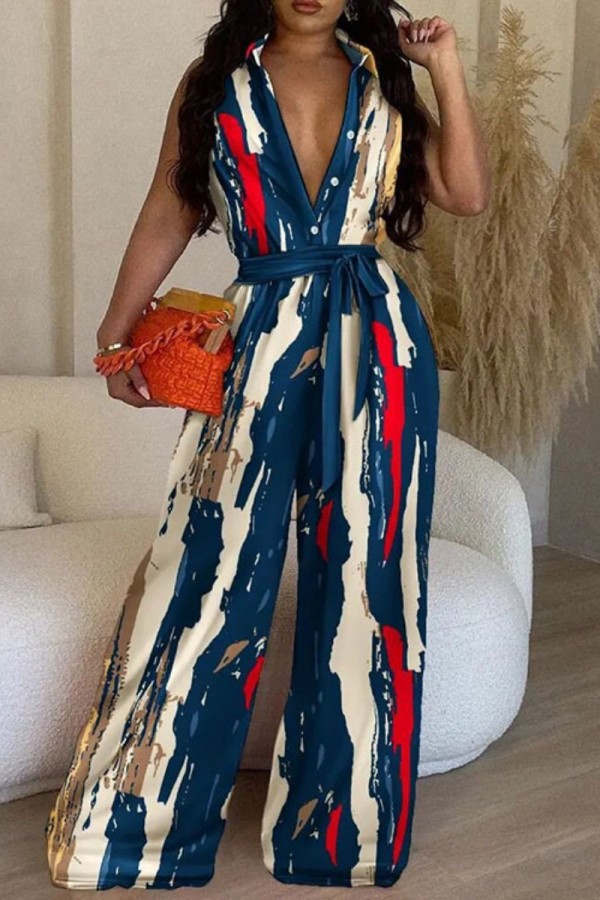 Blue Casual Print Patchwork V Neck Regular Jumpsuits