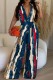 Blue Casual Print Patchwork V Neck Regular Jumpsuits