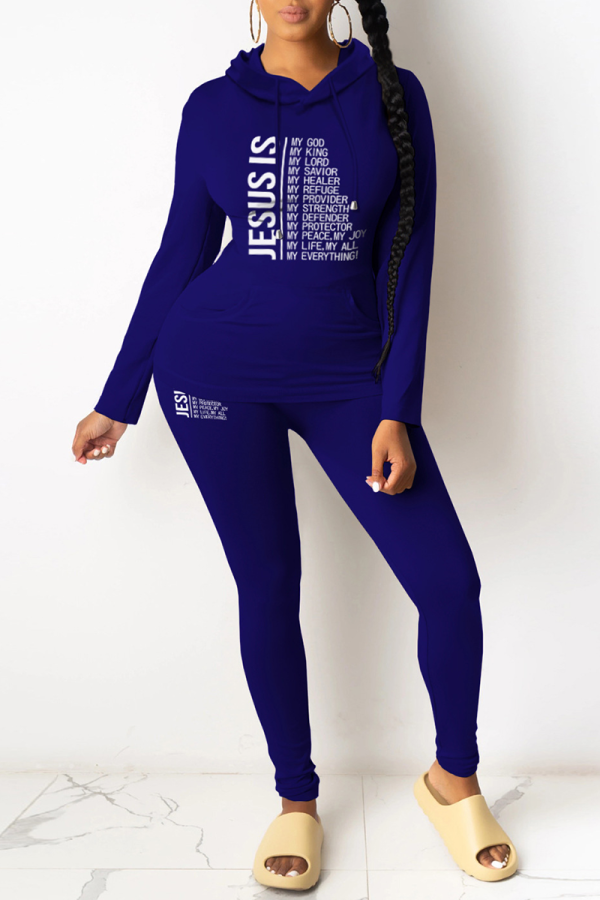 Deep Blue Casual Letter Patchwork Draw String Pocket Hooded Collar Long Sleeve Two Pieces
