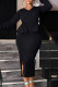 Black Casual Solid Patchwork Slit V Neck Long Sleeve Dresses