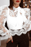 White Elegant Solid Lace Embroidered With Bow Half A Turtleneck Tops