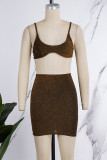 Gold Sexy Casual Solid Backless Spaghetti Strap Sleeveless Two Pieces