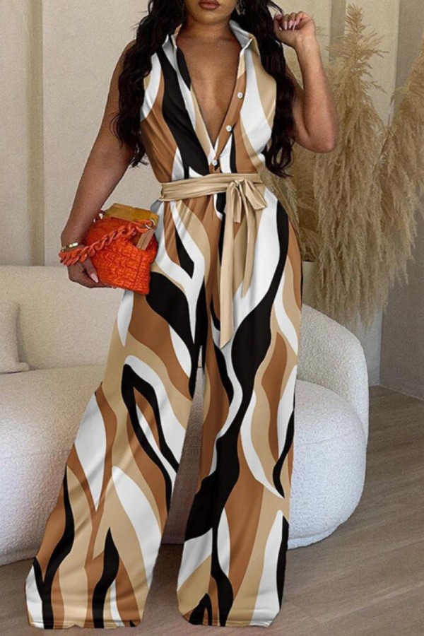 Brown Casual Print Patchwork V Neck Regular Jumpsuits