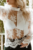 White Elegant Solid Lace Embroidered With Bow Half A Turtleneck Tops
