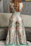 Apricot Casual Daily Elegant Mixed Printing Fold Printing Contrast V Neck Regular Jumpsuits