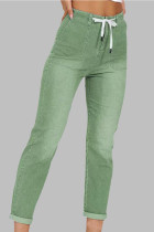 Grass Green Casual Solid Make Old Patchwork Draw String Mid Waist Straight Denim Jeans
