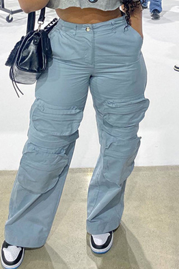 Blue Casual Solid Patchwork Straight Low Waist Conventional Solid Color Trousers