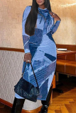 Blue Street Geometric Patchwork Slit O Neck One Step Skirt Dresses