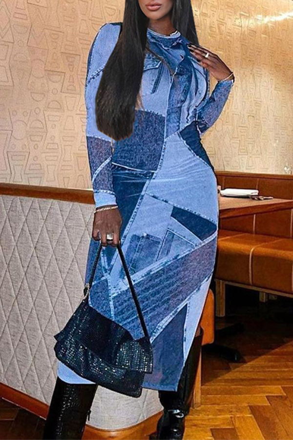 Blue Street Geometric Patchwork Slit O Neck One Step Skirt Dresses