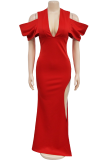 Red Elegant Solid Ripped Patchwork Slit Zipper V Neck Trumpet Mermaid Dresses