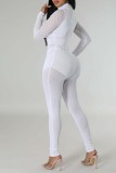 White Casual Solid Patchwork See-through Turtleneck Skinny Jumpsuits