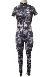 Black Casual Street Tie Dye Patchwork Backless Printing O Neck Skinny Jumpsuits