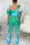Green Sexy Elegant Striped Patchwork Printing Zipper Asymmetrical Collar Short Sleeve Two Pieces