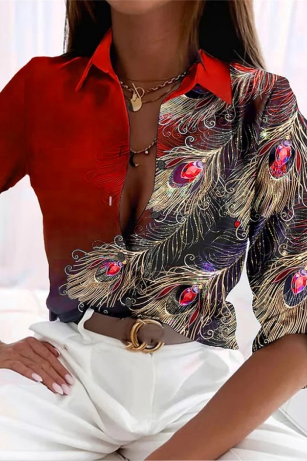 Red Casual Print Patchwork Shirt Collar Tops