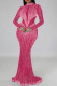 Rose Red Sexy Patchwork Hot Drilling See-through Half A Turtleneck Long Dress Dresses