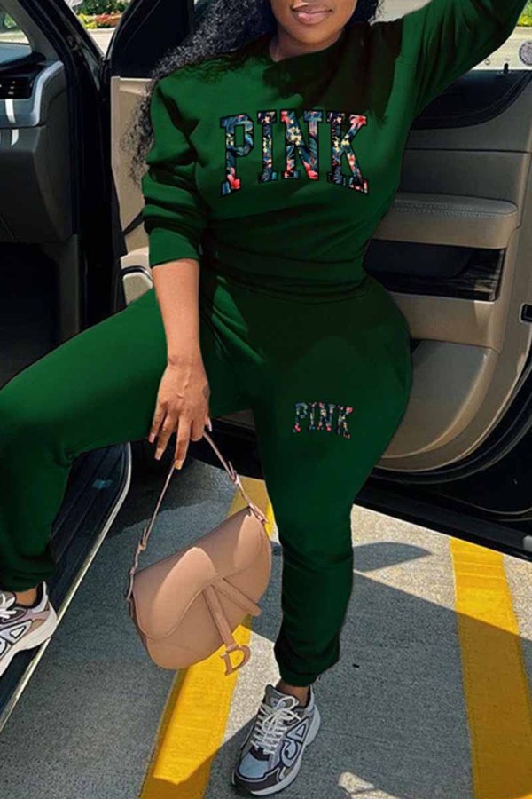 Dark Green Casual Print Letter O Neck Long Sleeve Two Pieces