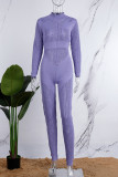 Purple Casual Solid Patchwork See-through Turtleneck Skinny Jumpsuits