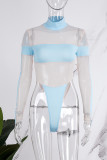 Blue Sexy Patchwork See-through Contrast Turtleneck Skinny Romper