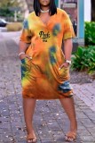 Yellow Casual Print Letter V Neck Straight Dresses