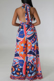 Purple Casual Street Color Lump Color Block Patchwork Backless Printing Halter Jumpsuits