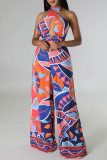 Purple Casual Street Color Lump Color Block Patchwork Backless Printing Halter Jumpsuits