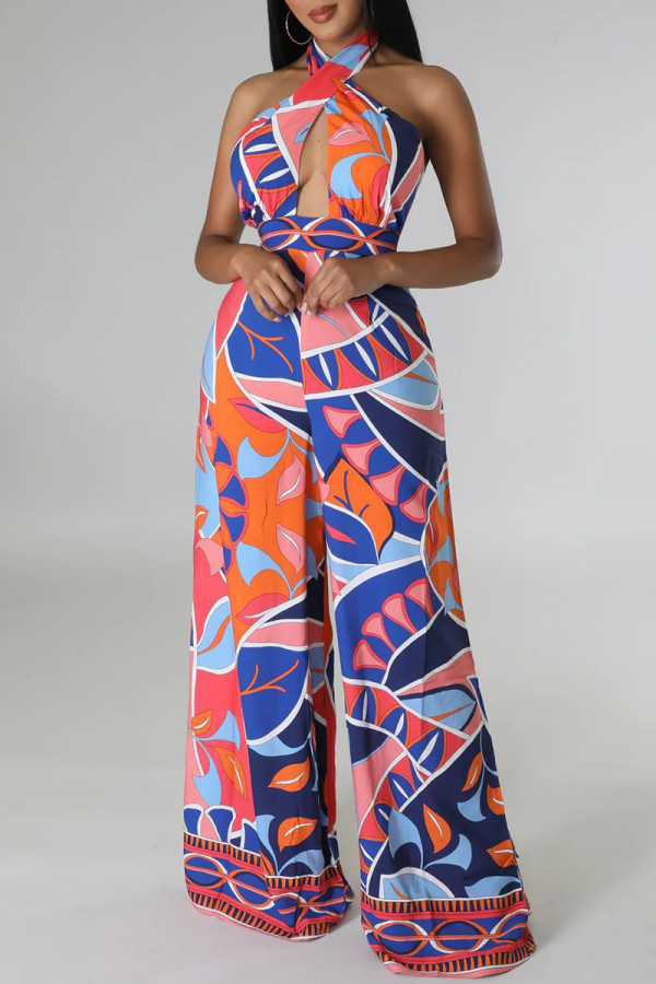 Purple Casual Street Color Lump Color Block Patchwork Backless Printing Halter Jumpsuits
