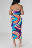 Multicolor Casual Print Hollowed Out Patchwork Draw String Backless Oblique Collar One Step Skirt Dresses