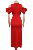 Red Elegant Solid Ripped Patchwork Slit Zipper V Neck Trumpet Mermaid Dresses