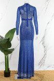 Blue Sexy Patchwork Hot Drilling See-through Half A Turtleneck Long Dress Dresses
