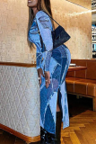 Blue Street Geometric Patchwork Slit O Neck One Step Skirt Dresses