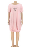 Pink Sweet Elegant Letter Patchwork Printing O Neck Lantern Skirt Short Sleeve Dress