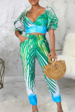 Green Sexy Elegant Striped Patchwork Printing Zipper Asymmetrical Collar Short Sleeve Two Pieces