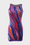 Pink Street Print Patchwork O Neck Pencil Skirt Dresses