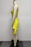 Yellow Sexy Solid Patchwork See-through O Neck Plus Size Swimsuit Three Piece Set (Without Paddings)