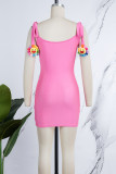 Rose Red Sexy Casual Solid Backless U Neck Sling Dress Dresses